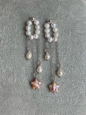 Freshwater Pearl & Pink Star Drop Earrings - Women Jewelry